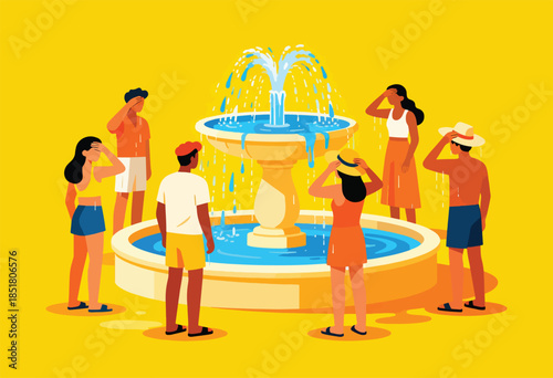 Diverse group seeking shade and refreshment at a public fountain on a sunny day