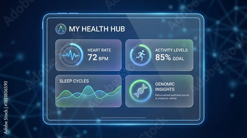 Digital Health Hub Displaying Personalized Wellness Data on a Futuristic Screen