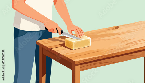 Person in casual clothes cuts yellow block on wooden table