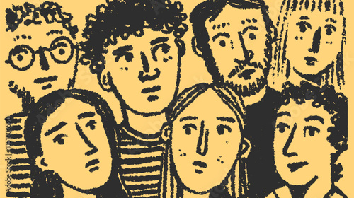 Group of people illustrated in a vintage style. Simple black and white vector illustration showcases diverse expressions in a cohesive set.