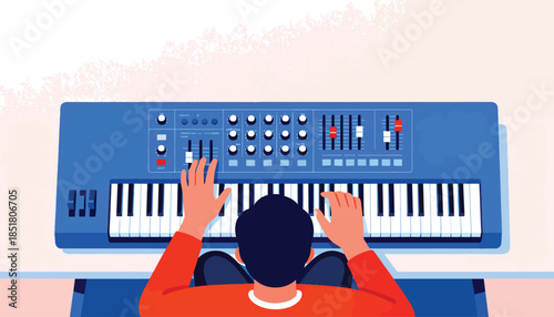 Overhead view of hands playing a blue keyboard synthesizer with multiple knobs and sliders
