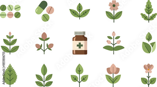 Collection of Herbal Medicine and Natural Remedies Icons for Health and Wellness