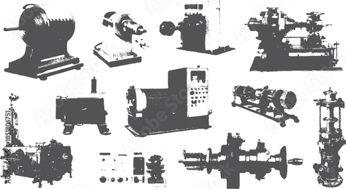 Collection of vintage machinery. Detailed vector illustration showcasing a set of various tools and industrial equipment.