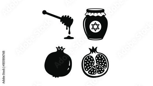 A collection of Rosh Hashanah symbols including honey, a pomegranate, and a Star of David.