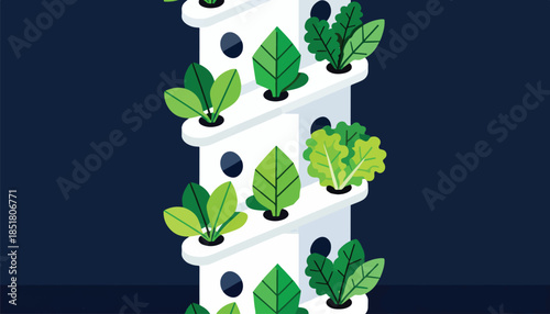 A vertical hydroponic system with various green leafy plants growing