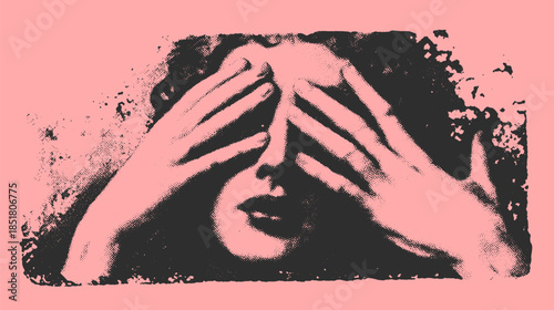 Woman covering her face with hands in a pink color palette. Simple vector illustration with a flat and grainy texture.