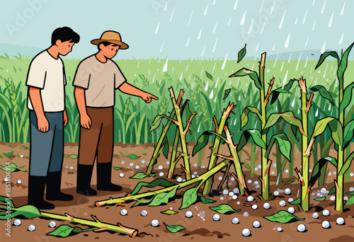 Farmers survey damaged crops after a hailstorm