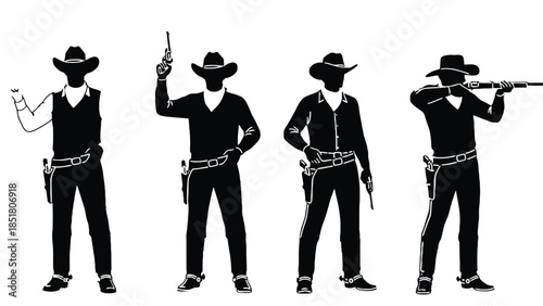 Four cowboy silhouettes are shown in different poses against a white background.