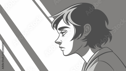 Gray vector illustration of a young woman looking out the window with a contemplative expression