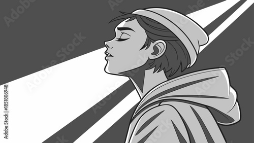 Vector illustration of a young man in a hoodie and beanie looking up at a spotlight