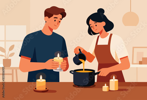 A couple prepares food by candlelight in a cozy, warm-toned kitchen