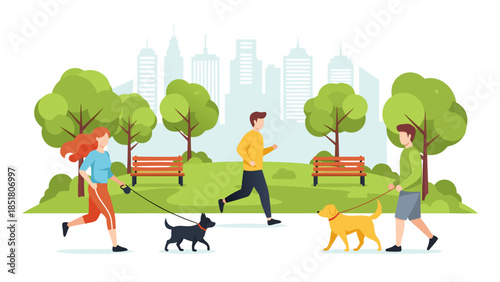 Vibrant illustration of people and their dogs enjoying a sunny day in a bustling city park, promoting outdoor activities and healthy lifestyles