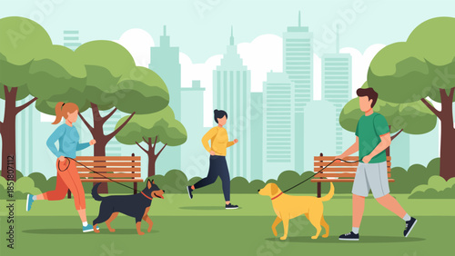 People walking their dogs in a city park on a sunny day, enjoying outdoor activities and leisure time