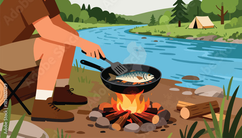 Person cooking fish over campfire next to a river with a tent