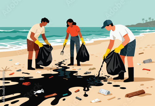 People cleaning oil and trash from a beach with black bags