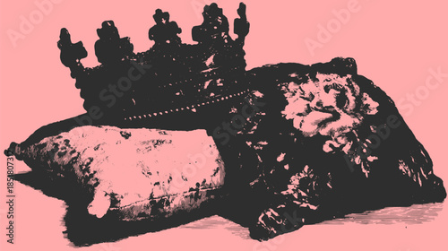 Crown and lion sculpture on a pillow. Vintage decorative art with elegant details in black and white vector illustration.