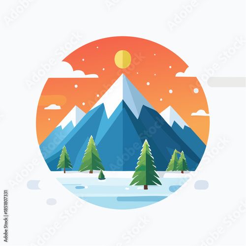 Vector illustration of a serene winter mountain landscape with snow-covered peaks, evergreen trees, and a vibrant sunset