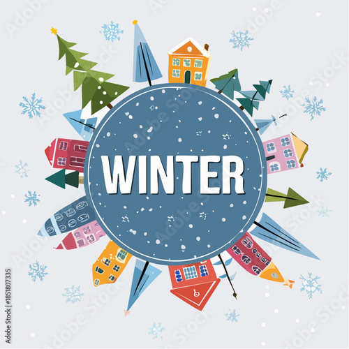 Winter season illustrations featuring a charming village and festive trees, perfect for holiday and seasonal decorations