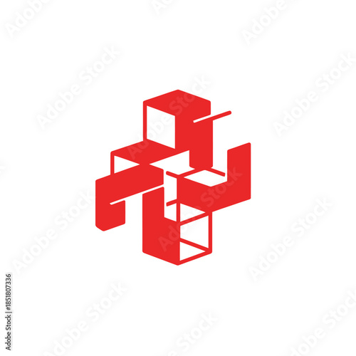Abstract red geometric shapes forming an intricate 3D structure against a white background from a slightly angled viewpoint.