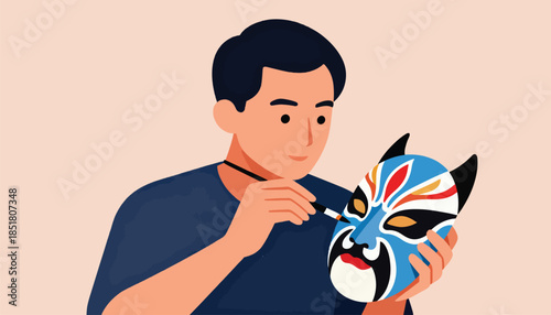 A person paints a vibrant, traditional mask with focused attention