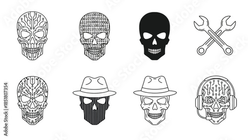 Collection of skull illustrations with various decorative patterns and accessories