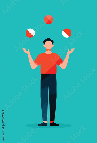 A person is juggling three balls against a teal background