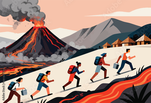 Hikers ascend a path with a volcano erupting behind them, past huts