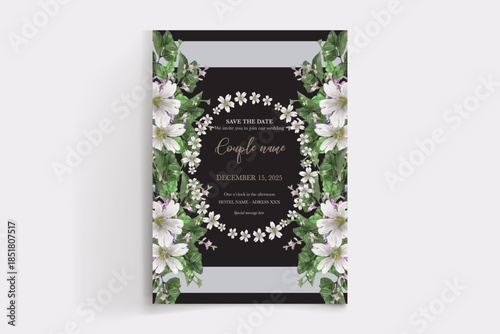 WEDDING INVITATION FRAME WITH FLOWER DECORATIONS AND FRESH LEAVES