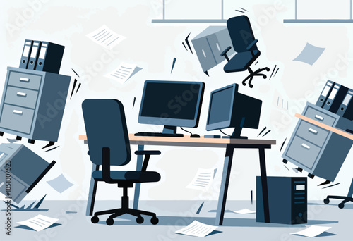 Office chaos desks overturned, chairs floating, papers scattering everywhere