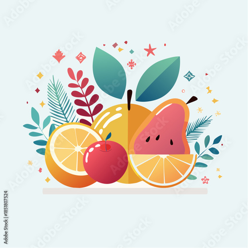 Vibrant and healthy assortment of fresh fruits arranged with decorative leaves, featuring apples, oranges, and a pear-like fruit, in a modern flat design illustration