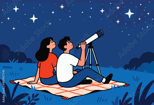 Couple stargazing with a telescope on a blanket at night under a starry sky