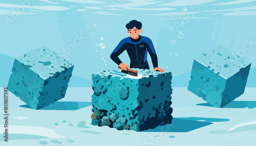 Person in wetsuit cleans coral cubes underwater