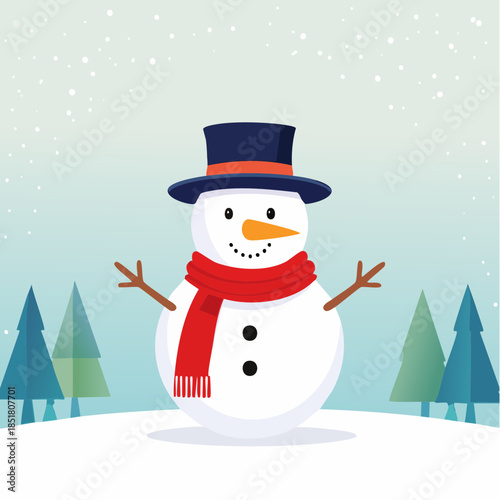 Charming cartoon snowman stands cheerfully in a serene winter wonderland, adorned with a stylish top hat and a vibrant red scarf amidst falling snow and evergreen trees, embodying the festive spirit