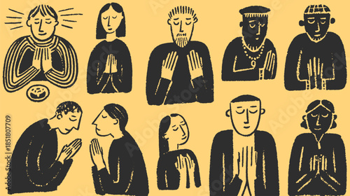 Characters in prayer with hands together. Simple vector illustration depicting a spiritual community and belief set on a yellow background.