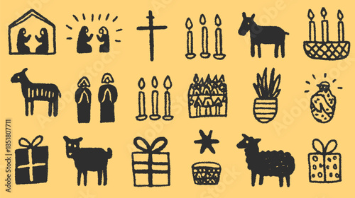 Nativity illustration featuring candles, gifts, and animals. Simple and minimal design in a vector set for religious or holiday themes.