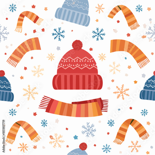 Cozy Winter Wonderland Seamless Pattern with Colorful Knitted Hats, Warm Scarves, and Sparkling Snowflakes on a White Background, Ideal for Festive Seasonal Designs, Textile Prints, and Holiday Decor