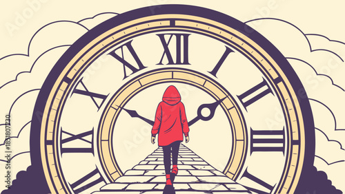 Red Hooded Figure on Time's Path: Life's Journey, Future and Destiny