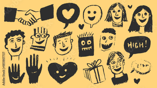 Cartoon faces with smiles and expressions in a simple vector illustration set. Colorful handshake and various icons represent social interaction.