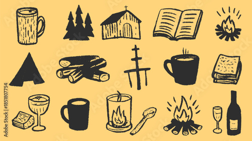 Camping elements including a fire, cup, book, and trees in a yellow background. This simple vector illustration depicts a cozy outdoor set.