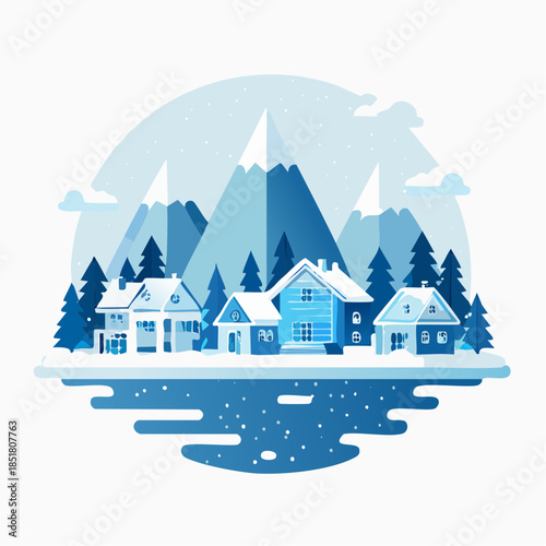 Cozy winter village nestled amidst snow-covered mountains and pine trees, illustrating a serene and picturesque snowy landscape