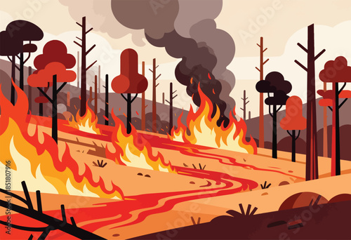 Stylized forest ablaze with orange flames and dark smoke against a muted sky