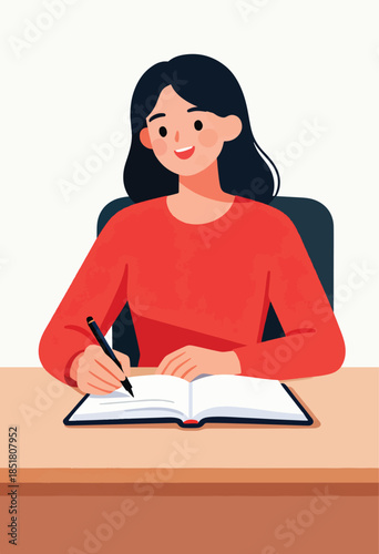A young woman in a red sweater writes in an open notebook at a desk