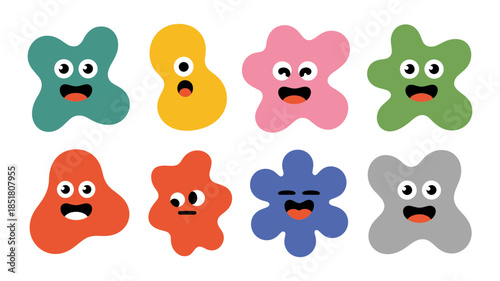 Brightly colored abstract monster and microbe characters vector illustration set on white.