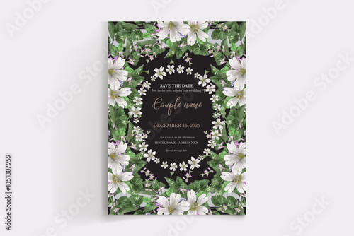WEDDING INVITATION FRAME WITH FLOWER DECORATIONS AND FRESH LEAVES