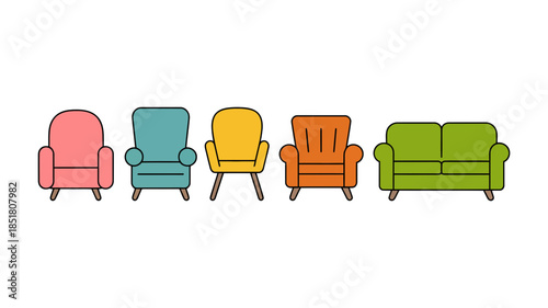 A colorful collection of different types of armchairs and a small sofa lined up