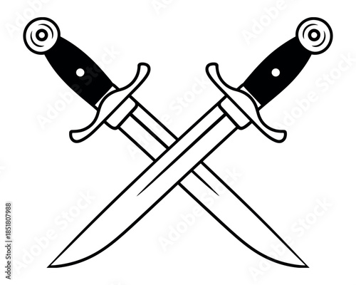 Two crossed daggers with black handles are silhouetted against a white background.
