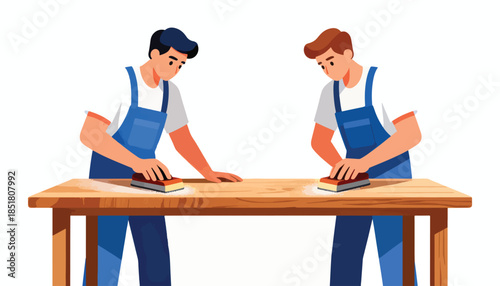 Two men in overalls sand a wooden table