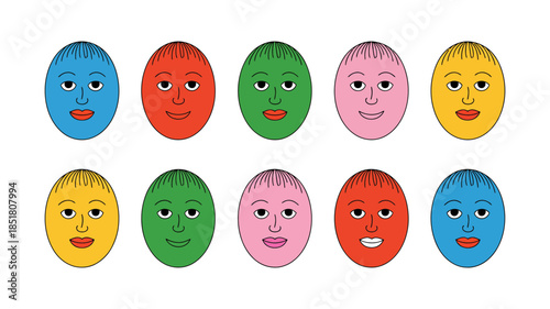 Ten simple cartoon faces in a grid pattern with diverse colors, representing various moods