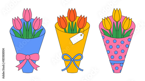 Three colorful tulip bouquets with different wrapping paper and bows