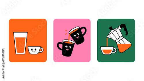 Set of three graphic icons depicting different types of beverage containers and actions